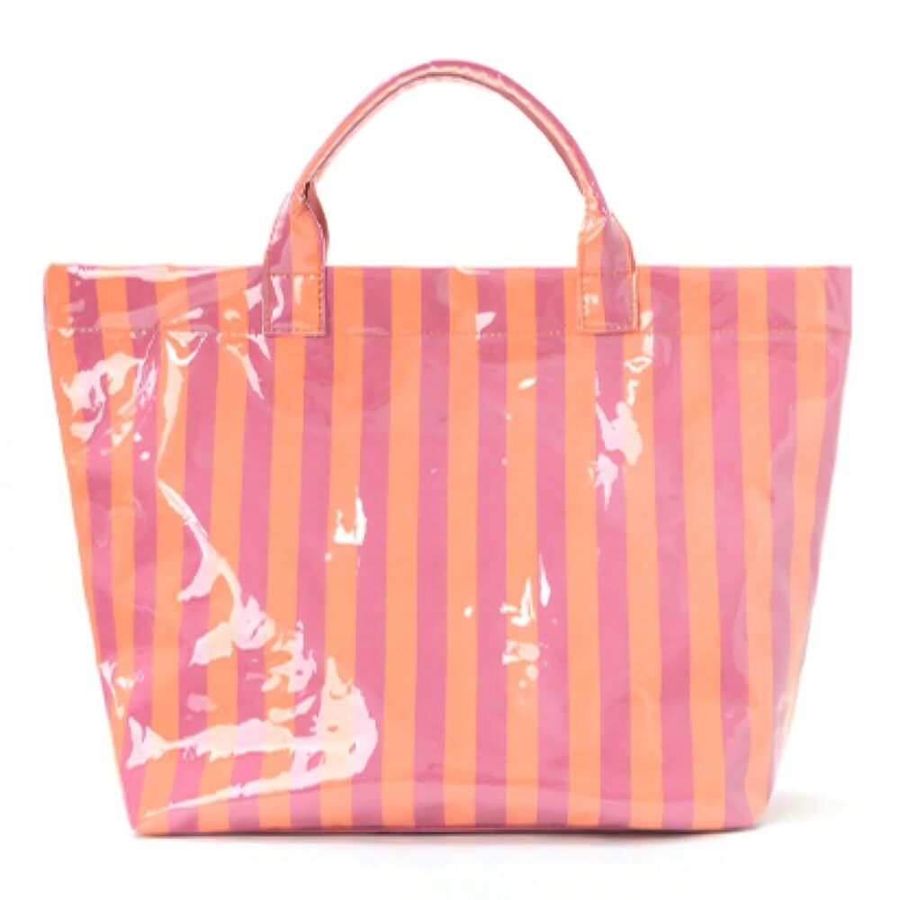 Large Striped Tote Purse for Women, Orange Pink PVC